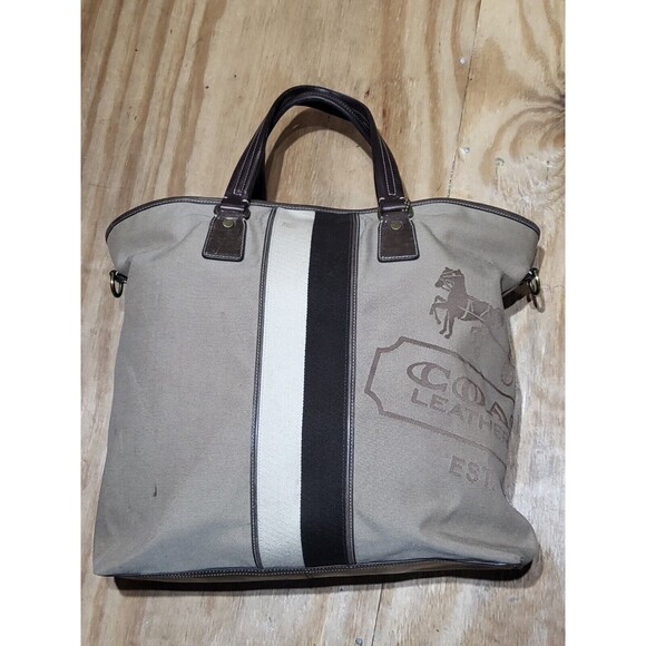 coach big tote canva leather brown color block  handbag horse carriage - Picture 1 of 16